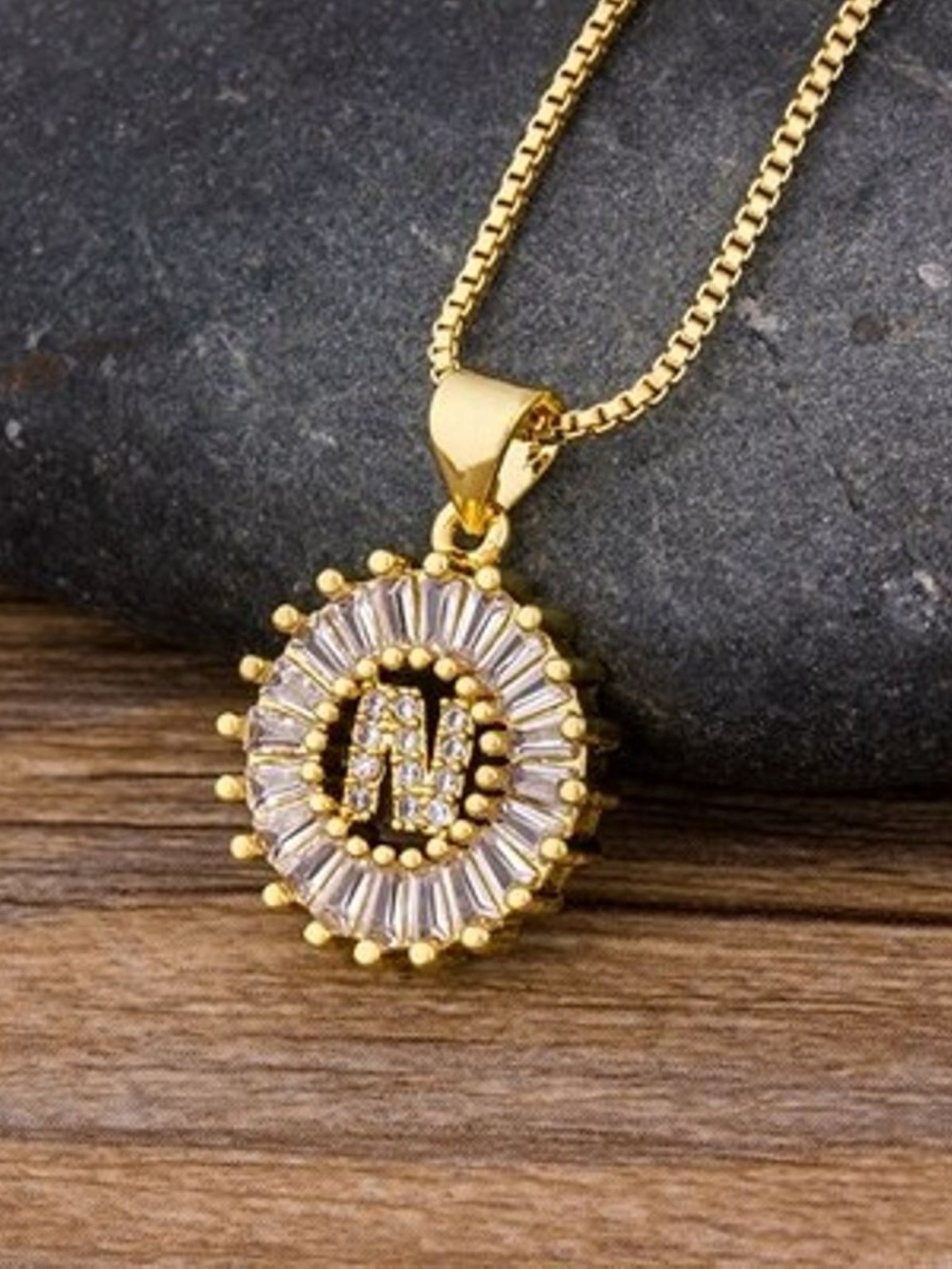 Gold Plated Baguette Initial โNโ Alphabet Letter Pendant With Chain